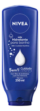 NIVEA Hidratante para Banho Milk 250ml, Cuidado Nutritivo 24h, Uso no Banho, Óleo de Amêndoas, Sensação de Maciez, Pele Seca